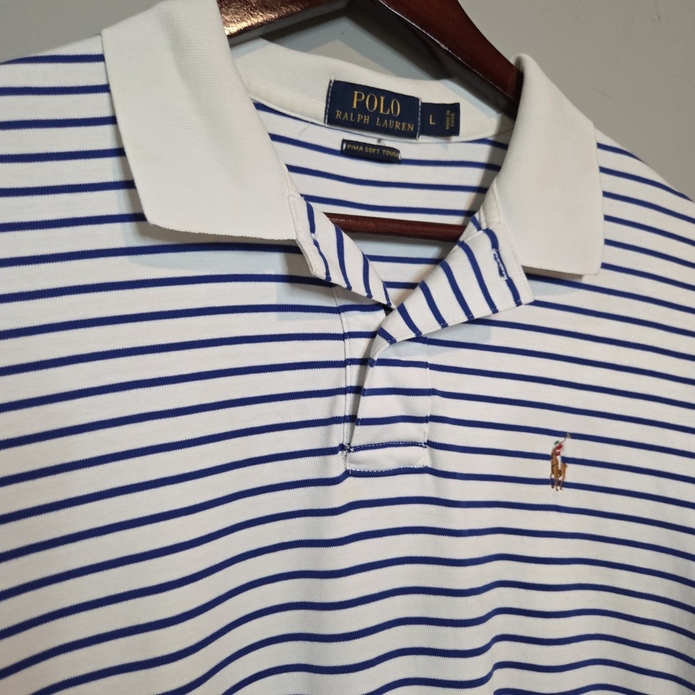 Polo Ralph‎ Lauren Slim Fit Striped Polo Shirt White Navy Logo Men's Size L